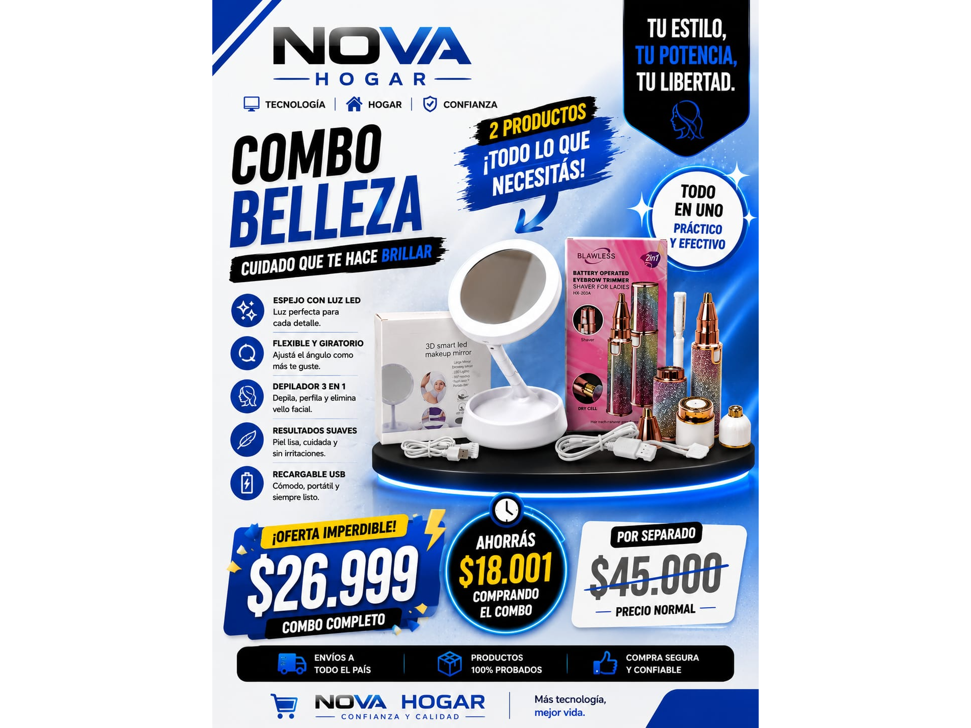 COMBO BELLEZA(ESPEJO CON LUZ LED+DEPILADOR FACIAL 3 EN 1)