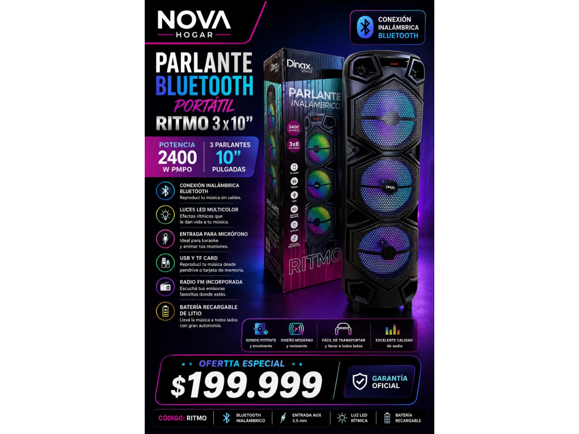 PARLANTE BLUETOOTH PORTATIL RITMO 3X10"