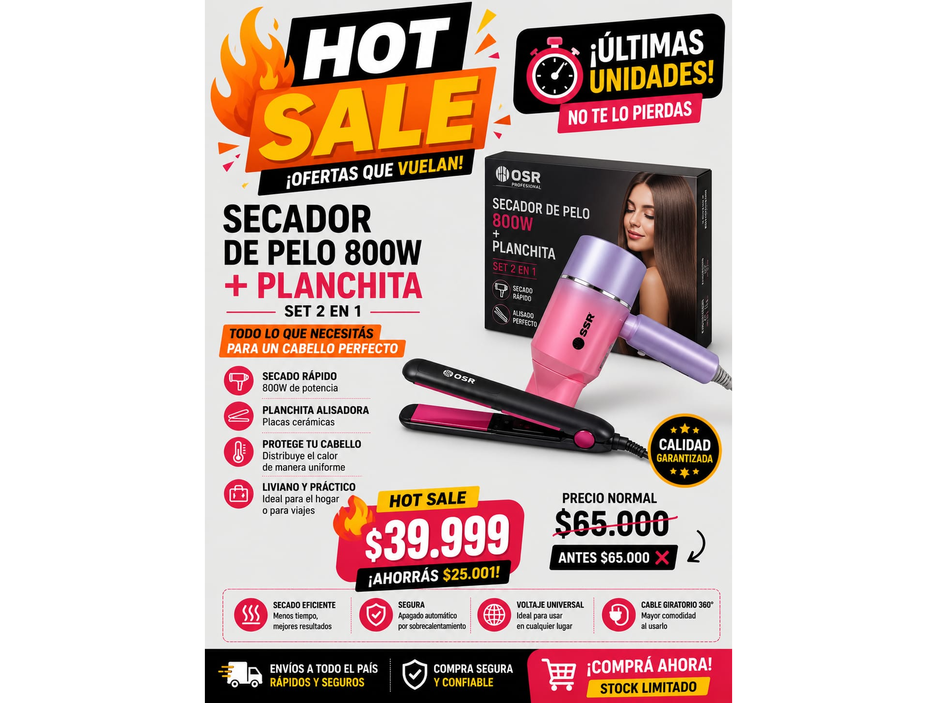SECADOR DE PELO OSR 800W+PLANCHITA(SET 2 EN 1)