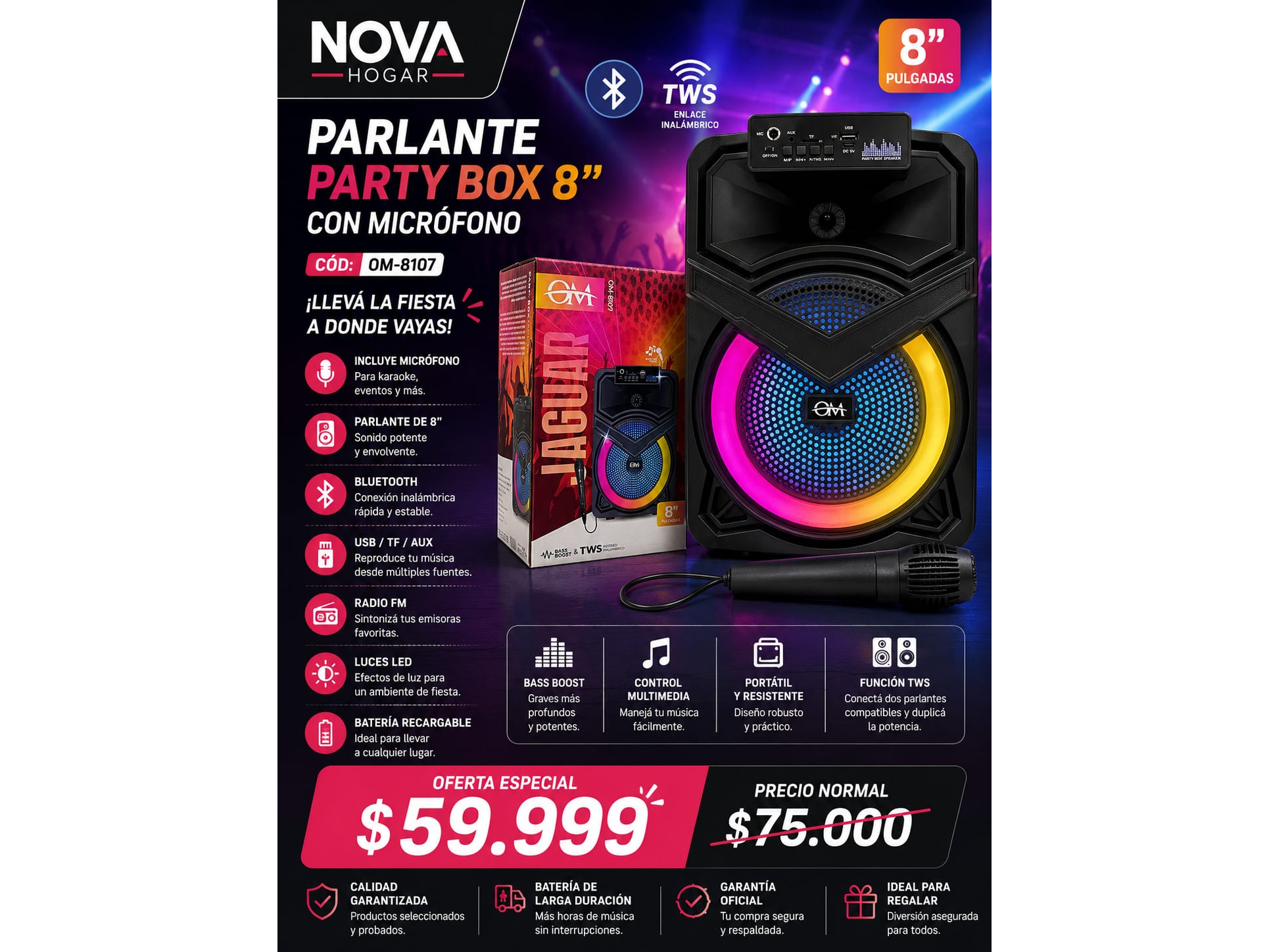 PARLANTE PARTY BOX 8" CON MICRÓFONO