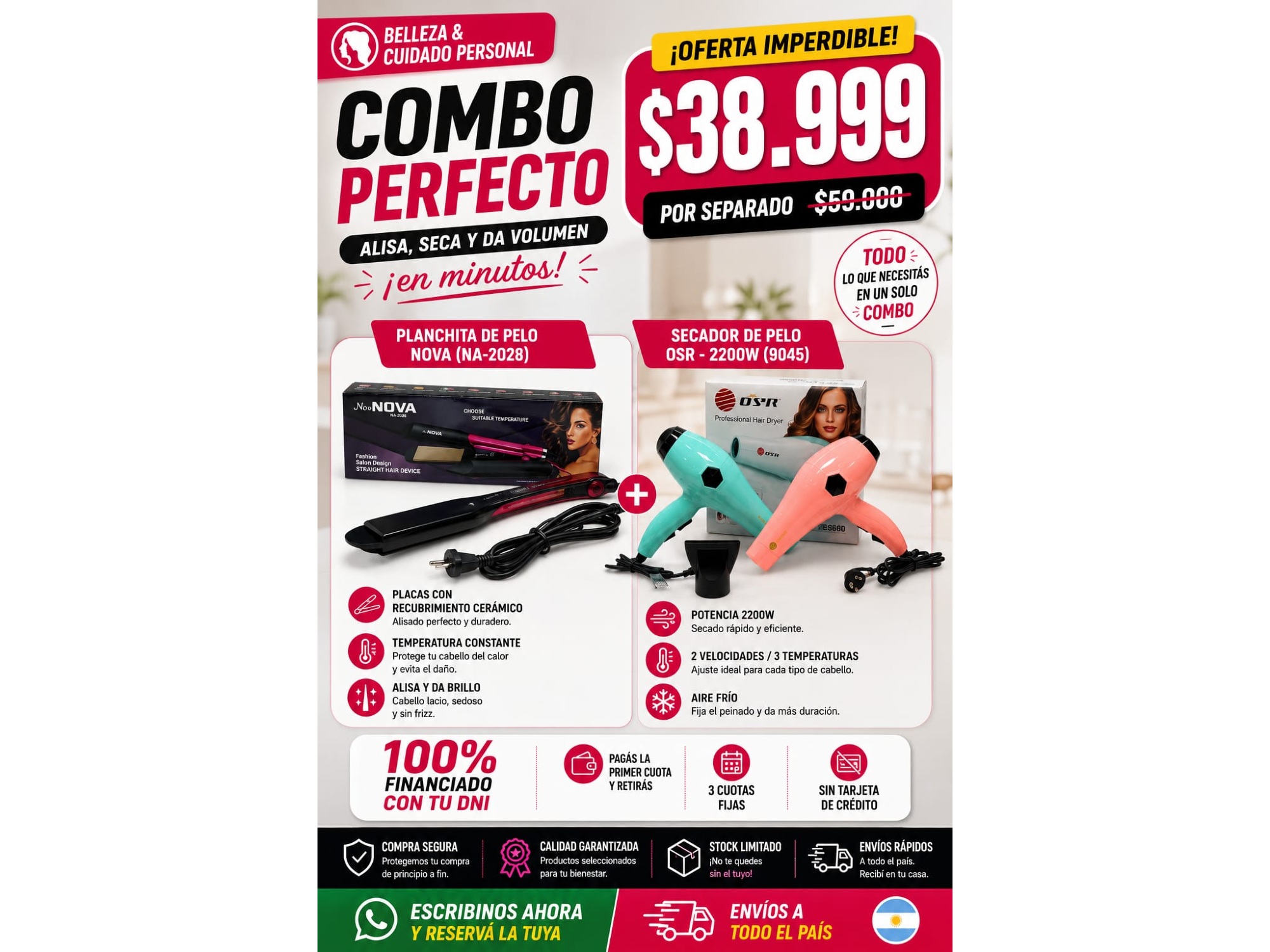 PLANCHA DE PELO NOVA(NA-2028)+SECADOR DE PELO OSR-(9045)