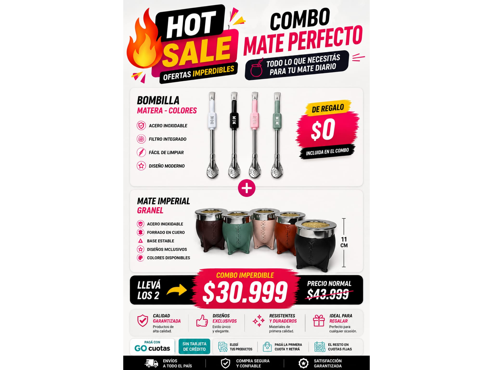 COMBO MATE PERFECTO(BOMBILLA MATERA-COLORES+MATE IMPERIAL GRANEL)