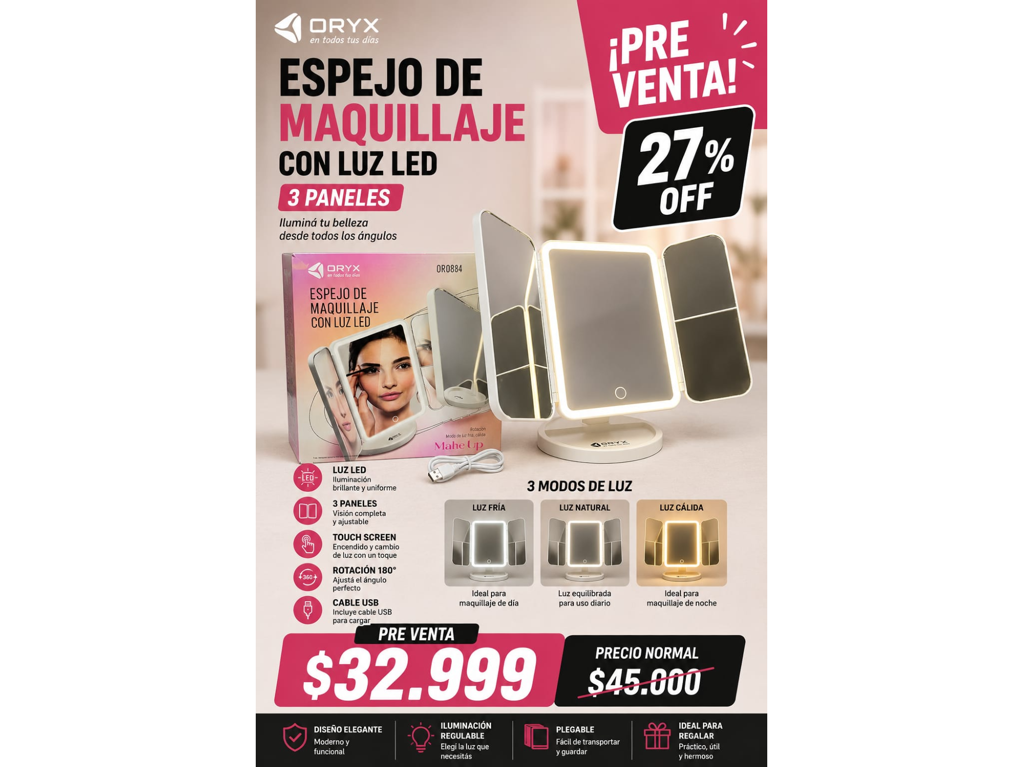 ESPEJO DE MAQUILLAJE CON LUZ LED 3 PANELES