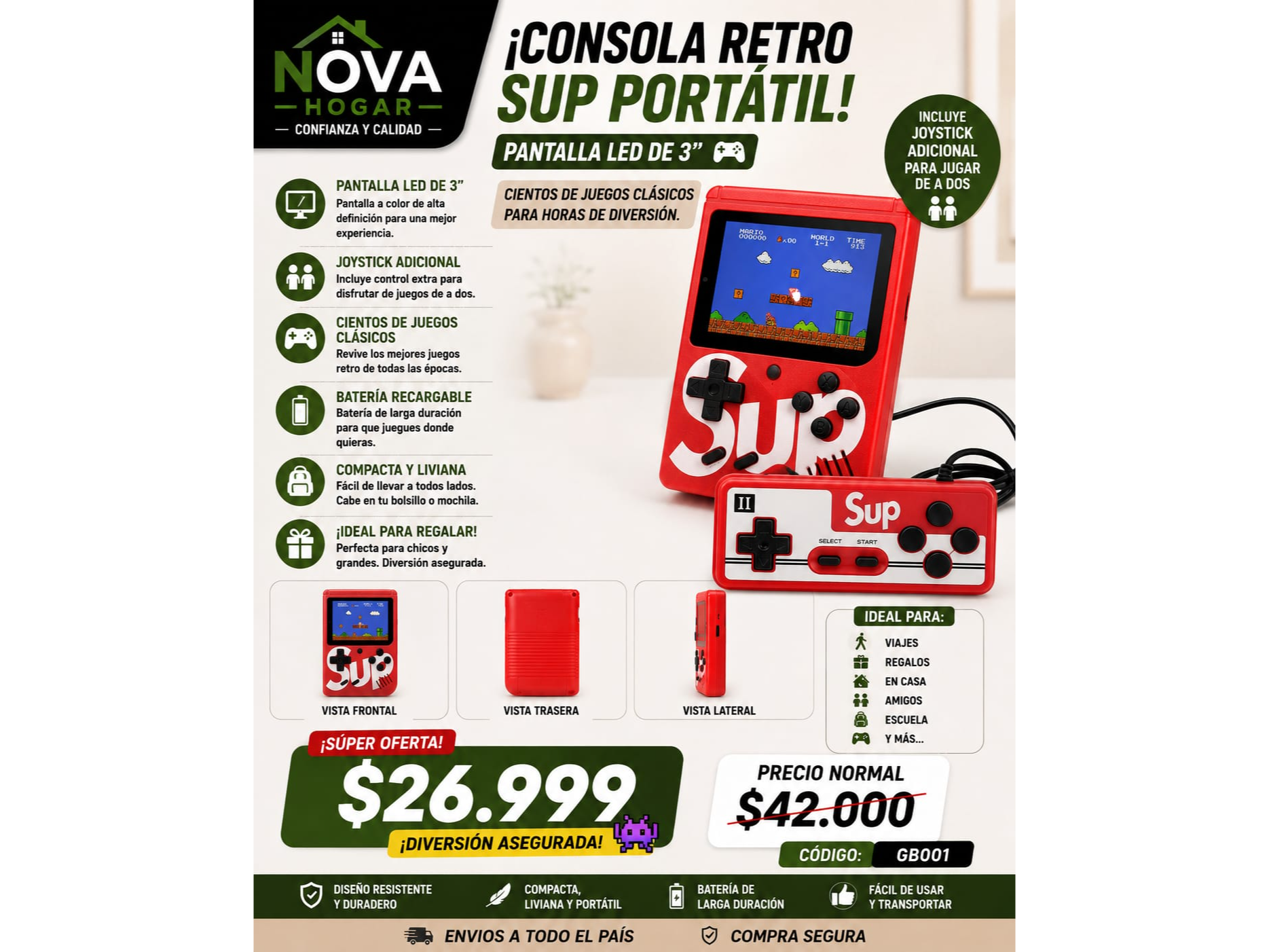 CONSOLA RETRO SUP PORTATIL PANTALLA LED 3"(COD:GB001)