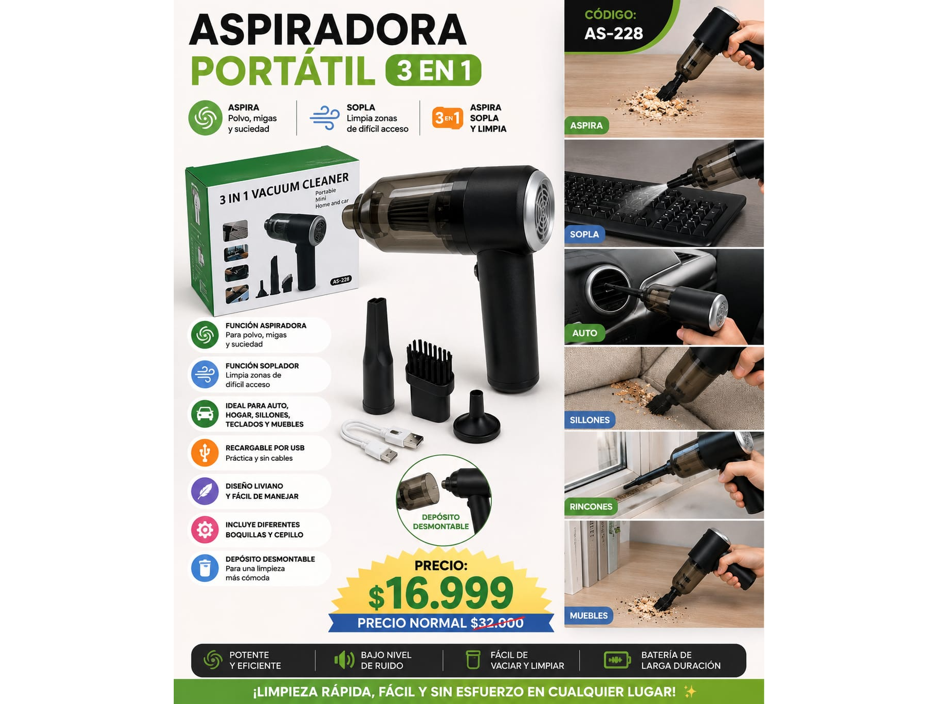 ASPIRADORA PORTATIL 3 EN 1 (AS-228)