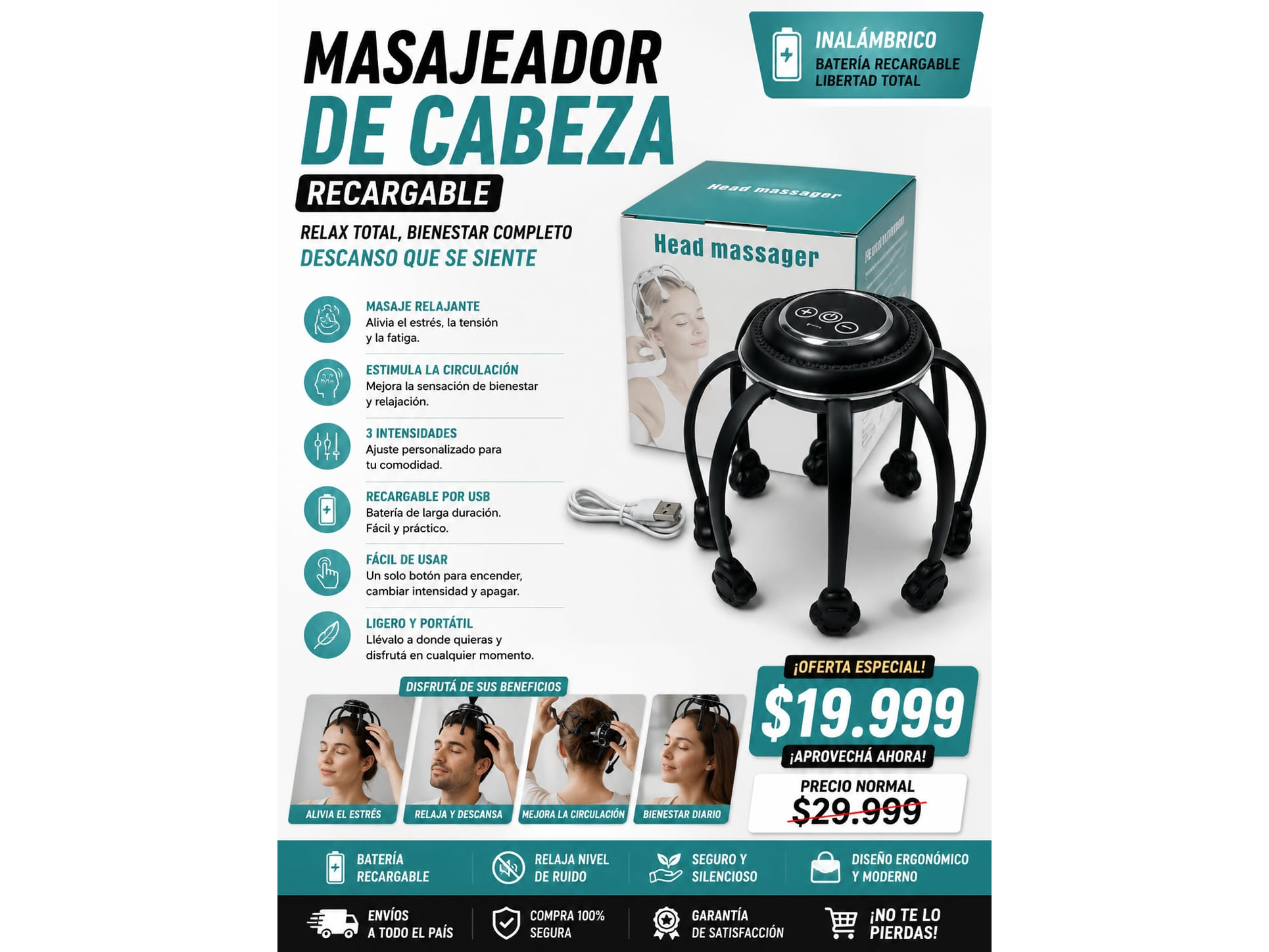 MASAJEADOR DE CABEZA RECARGABLE