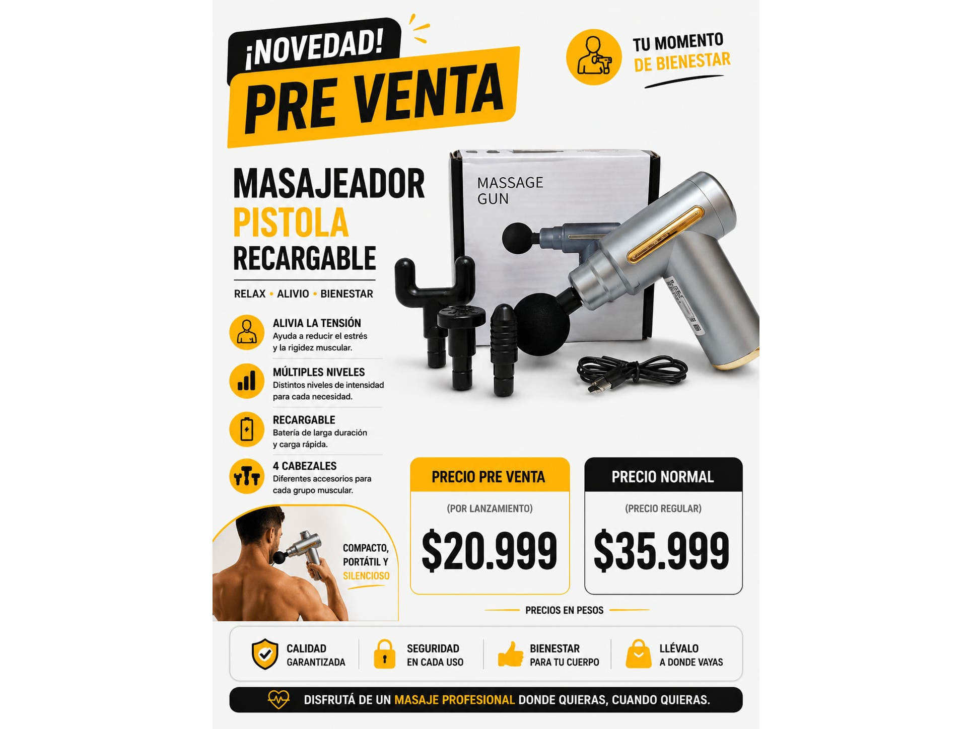 MASAJEADOR PISTOLA  RECARGABLE