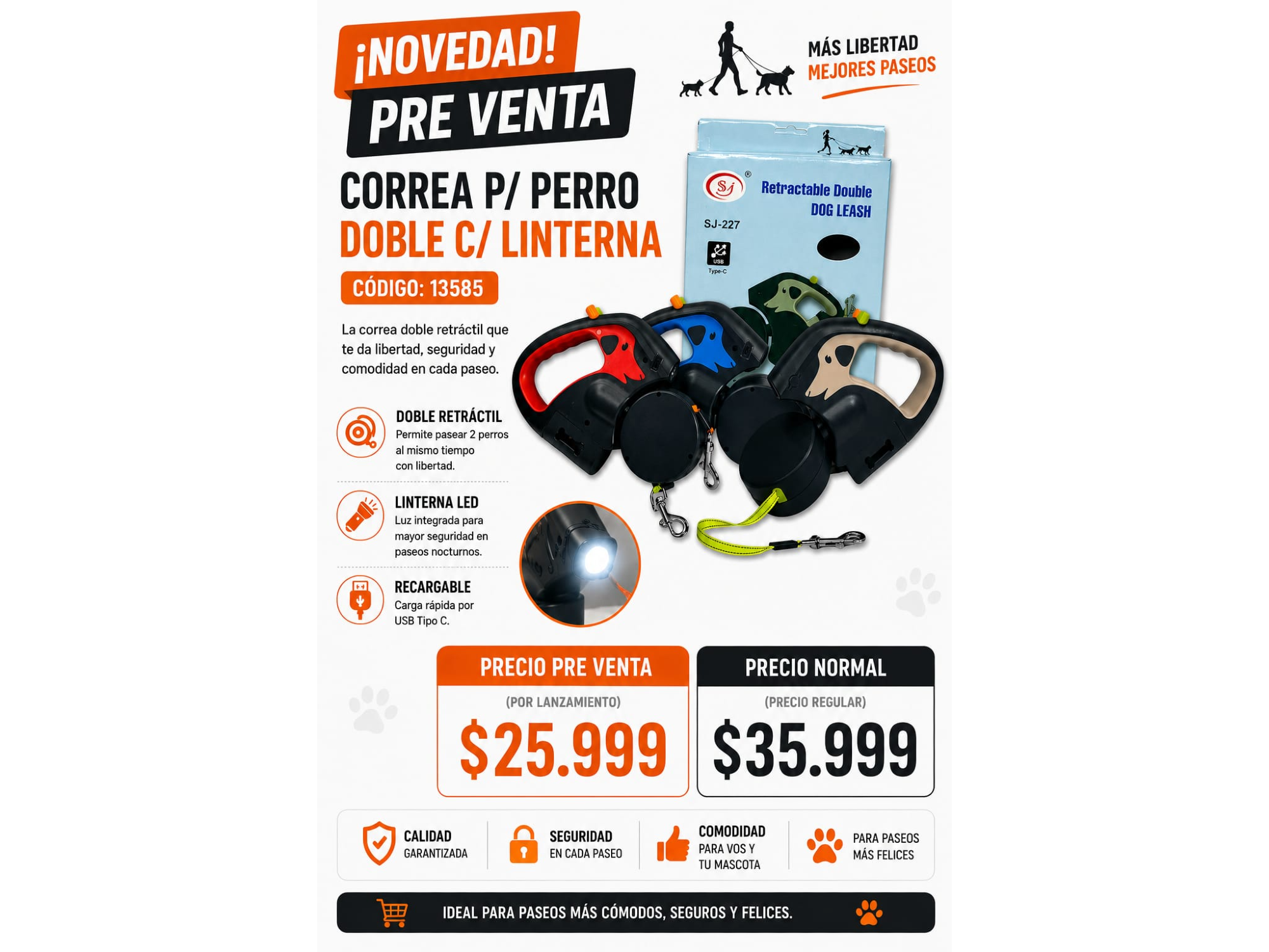 CORREA P/PERRO DOBLE C/ LINTERNA