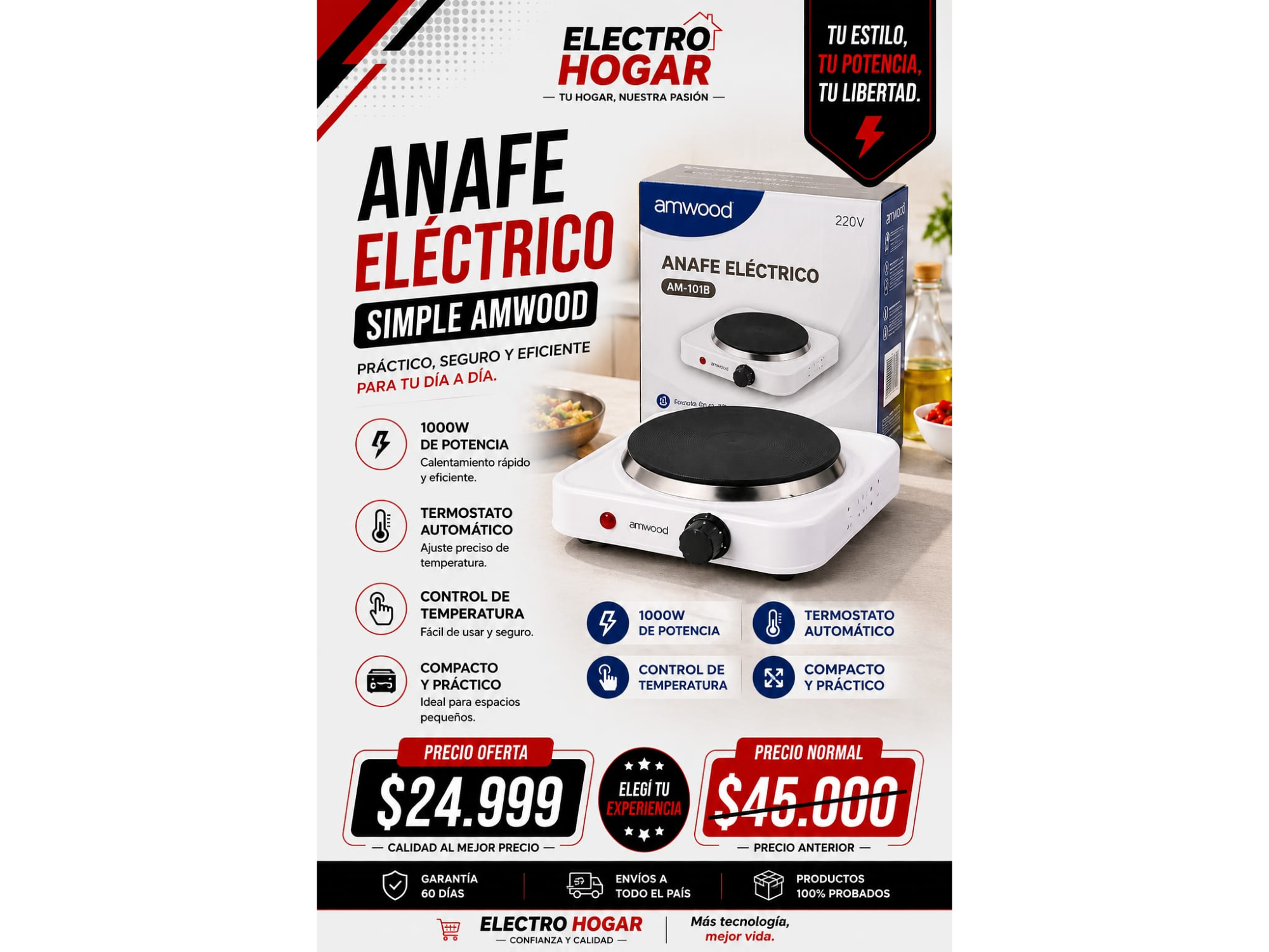 ANAFE ELECTRICO SIMPLE AMWOOD