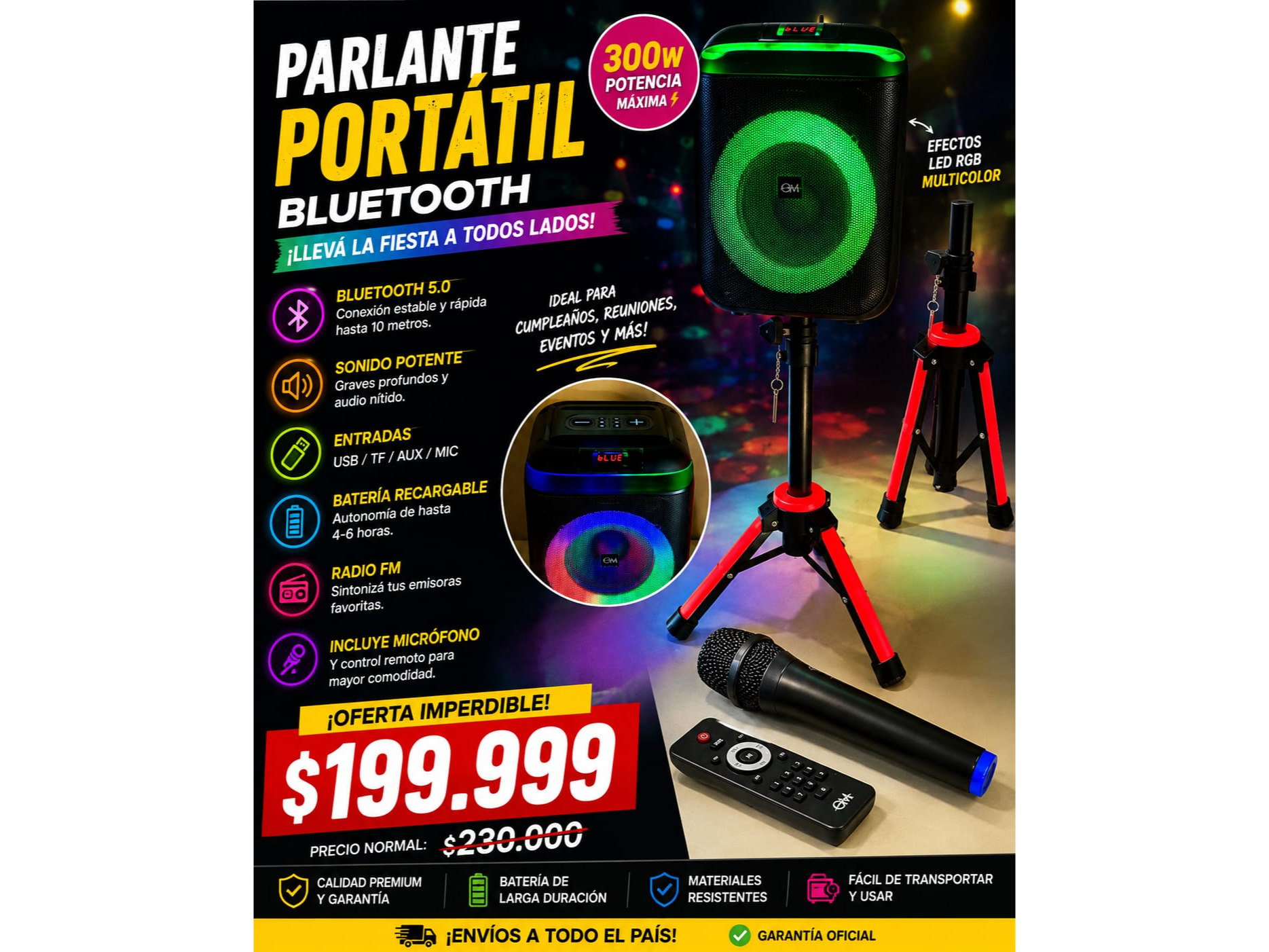 PARLANTE PORTATIL BLUETOOTH 300W POTENCIA
