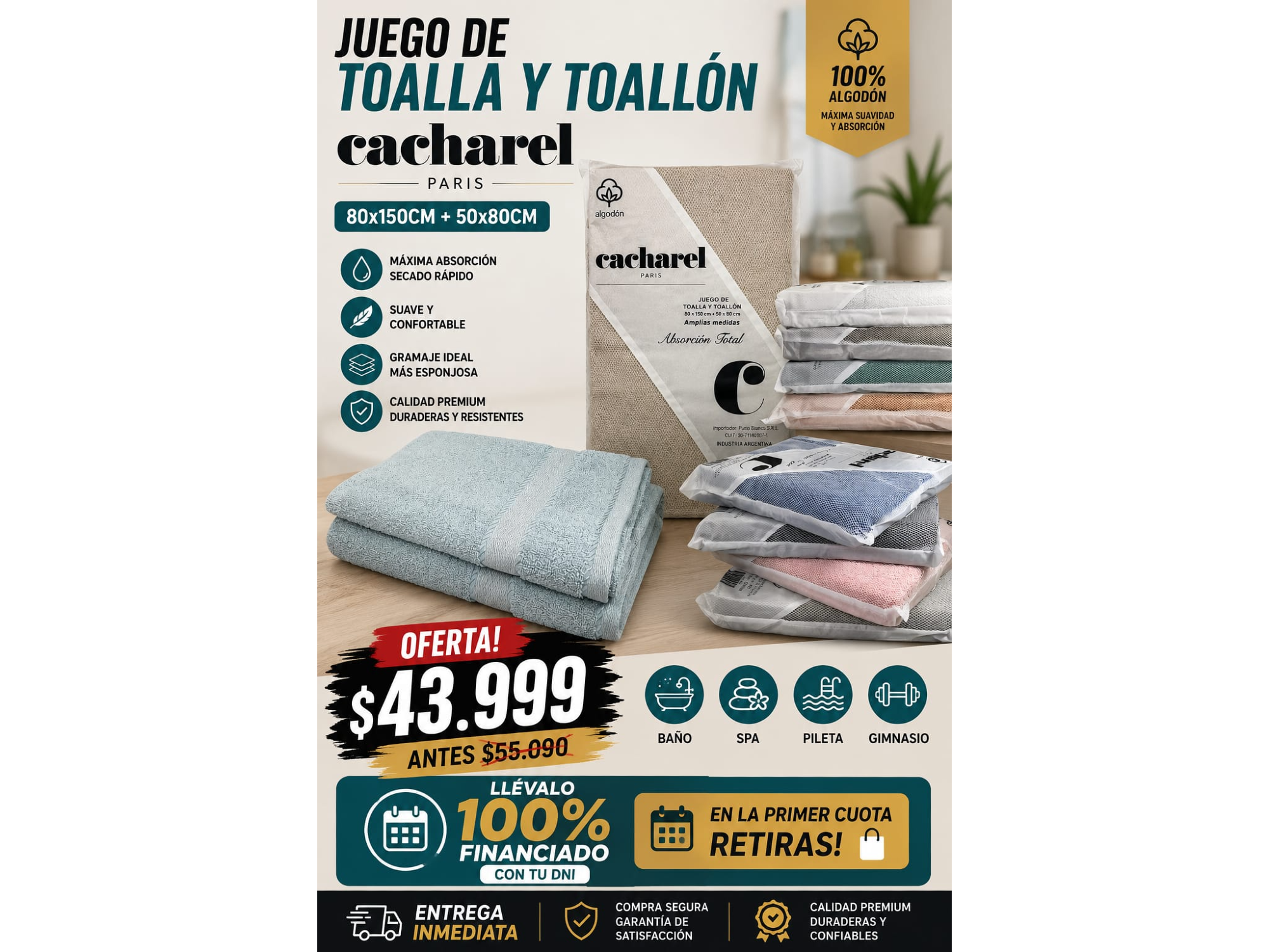 JUEGO DE TOALLA Y TOALLON CACHAREL PARIS