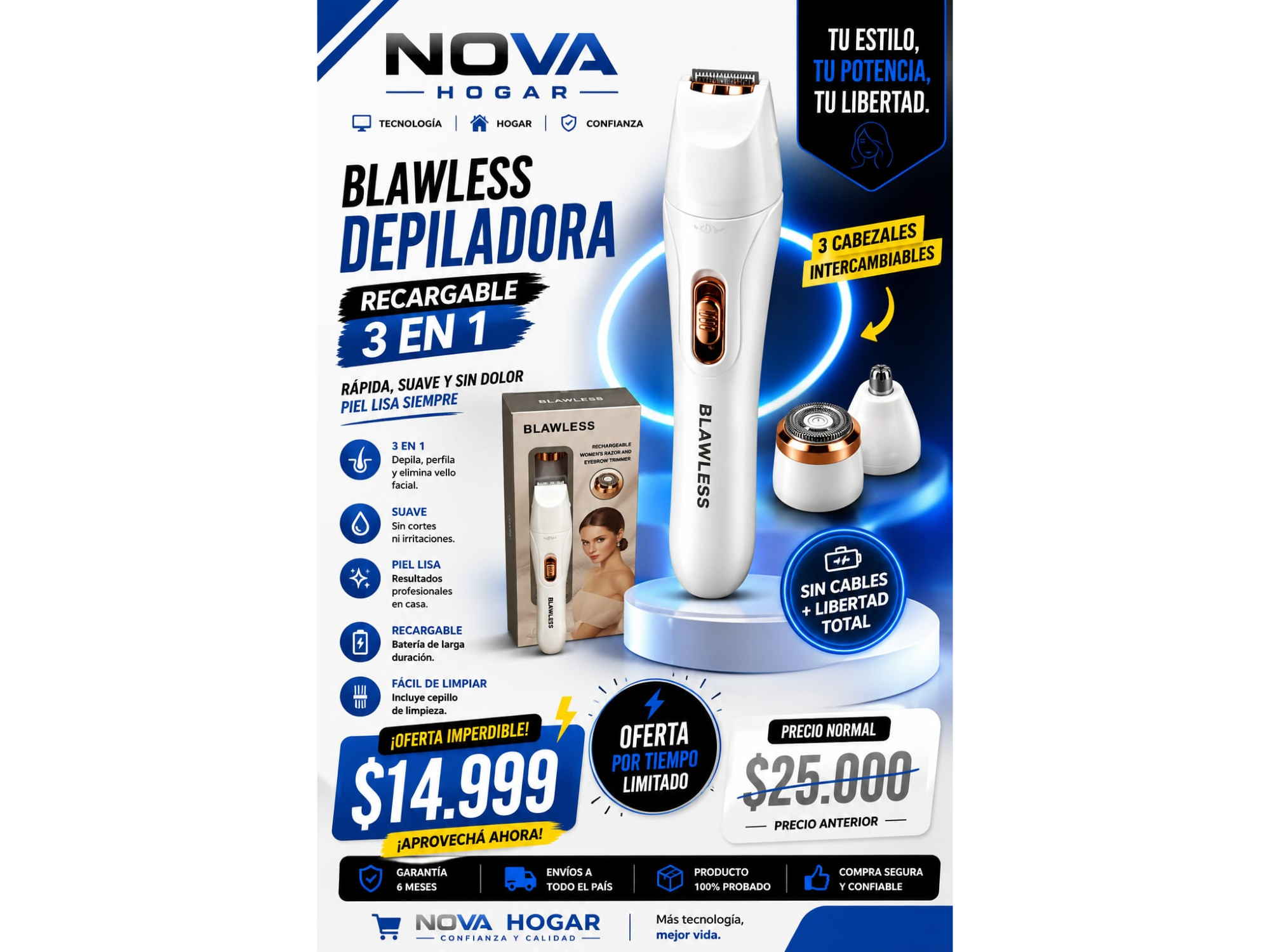 BLAWLESS DEPILADORA RECARGABLE 3 EN 1