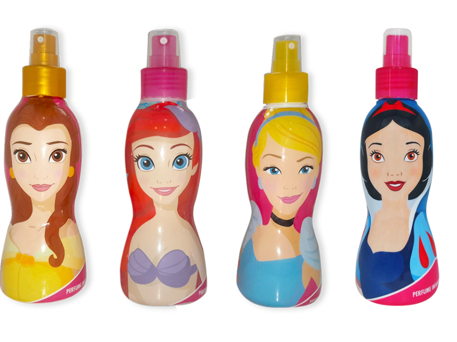 44770 Perfume Princesas Muñeca 3D x 200 ml en caja Exhibidora x 12 un surtidos( ARIEL-BELLA-CENICIENTA-BLANCANIEVES)