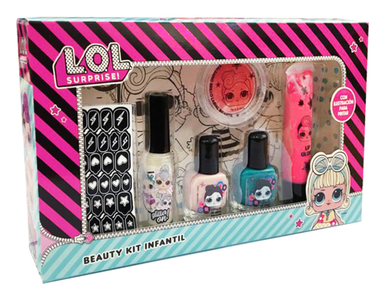 42707 - Beauty Kit con postal p/ pintar -2 esmaltes+brillo en petaca+stencil+decorador+lip gloss