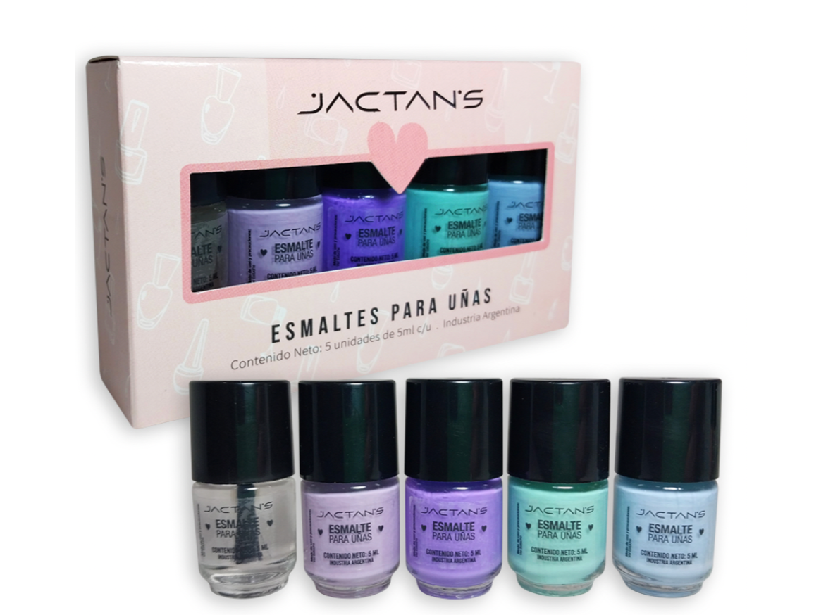750 - SET DE 5 ESMALTES JACTANS ( ROMANTIC-PASTEL-FLUO-NOCHE ELECTRICA-RAINBOW)