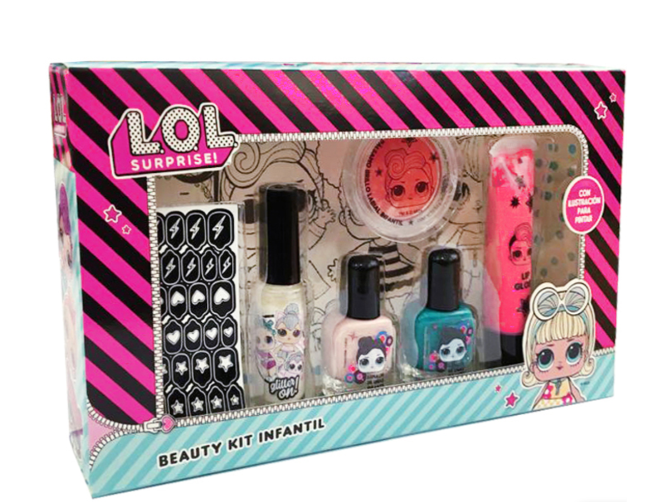 42707 - Beauty Kit con postal p/ pintar -2 esmaltes+brillo en petaca+stencil+decorador+lip gloss