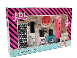 42707 - Beauty Kit con postal p/ pintar -2 esmaltes+brillo en petaca+stencil+decorador+lip gloss