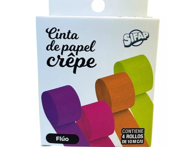 PAPEL CREPÉ CINTA "SIFAP" FLÚO 4 ROLLOS DE 4.5 ANCHO x 10 MTS DE LARGO