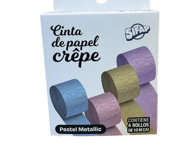 PAPEL CREPÉ CINTA "SIFAP" METALIZADO PASTEL 4 ROLLOS DE 4.5 DE ANCHO x 10 MTS DE LARGO