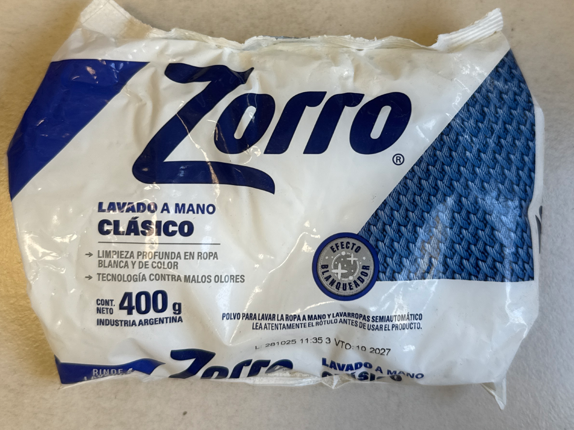 Jabón en polvo Zorro x 400 g lavado a mano clásico