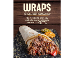 Wraps de Roasbeef al vino tinto, con cebolla caramelizada, repollo blanco fresco y queso. Con Dip de mayonesa de Ajo negro