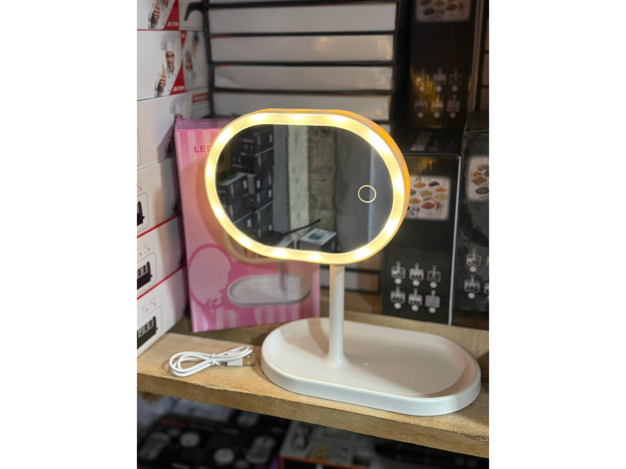Espejo con luz LED y base