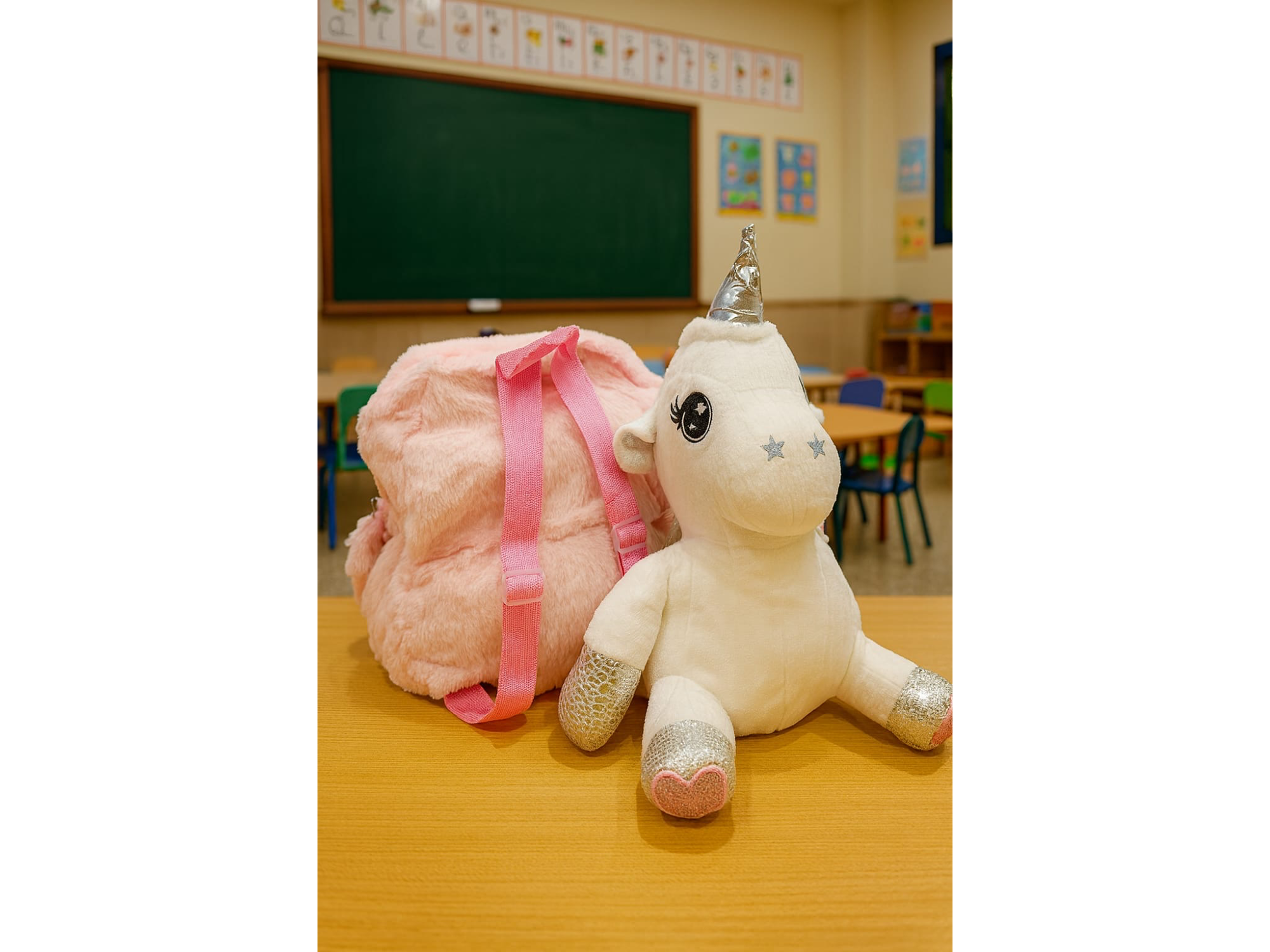 Mochila de peluche unicornio con alitas y brillos