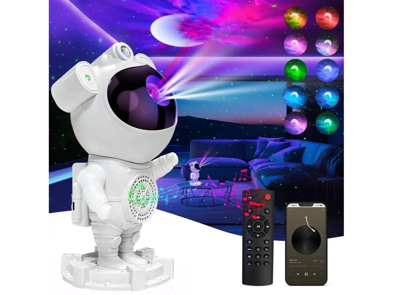 Velador astronauta con proyección galáctica