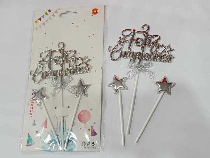 CAKE TOPPER F. CUMPLEAÑOS METALIZADOS 3 PCS ESTRELLAS COLORES SURTIDOS X UN