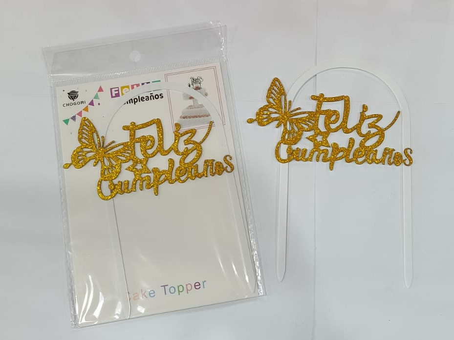 CAKE TOPPER FELIZ CUMPLEAÑOS GIBRE CON ARCO DORADO-NEGRO X UN