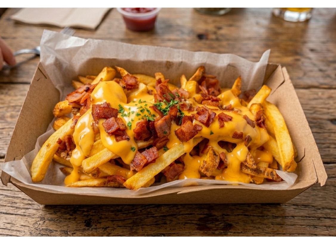 Bandeja de papas, cheddar y bacon