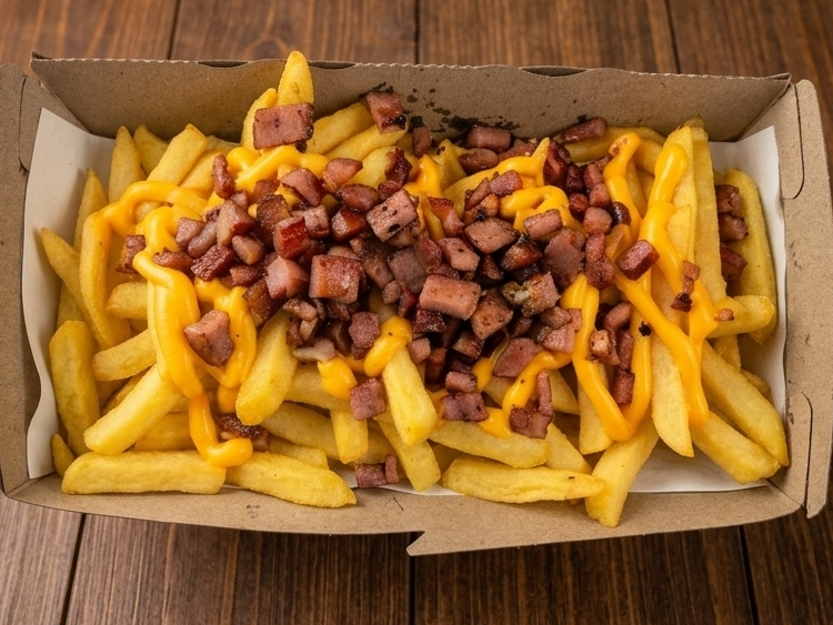 Bandeja de papas, cheddar y bacon