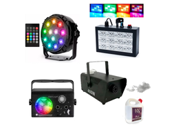Combo Luces Led proton 12 led + media esfera mini + flash 12+ Maquina Humo