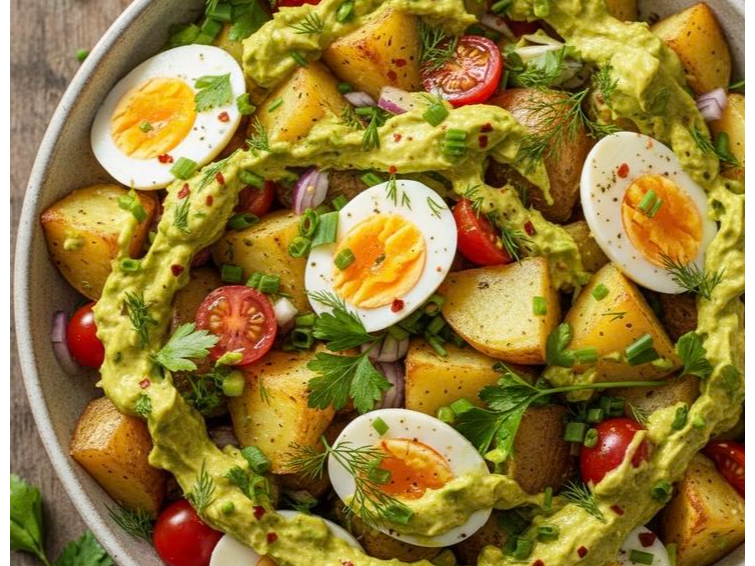 Ensalada de Batata asada, Espinaca, huevos revueltos, palta y Pollo