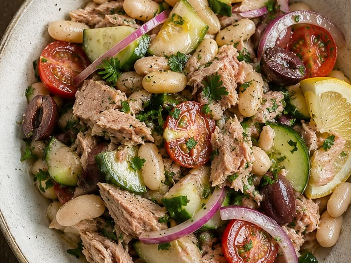 Ensalada de Porotos blancos, cebolla morada, cubos de tomate, Atún , Esparragos Limón de Mallorca Catering