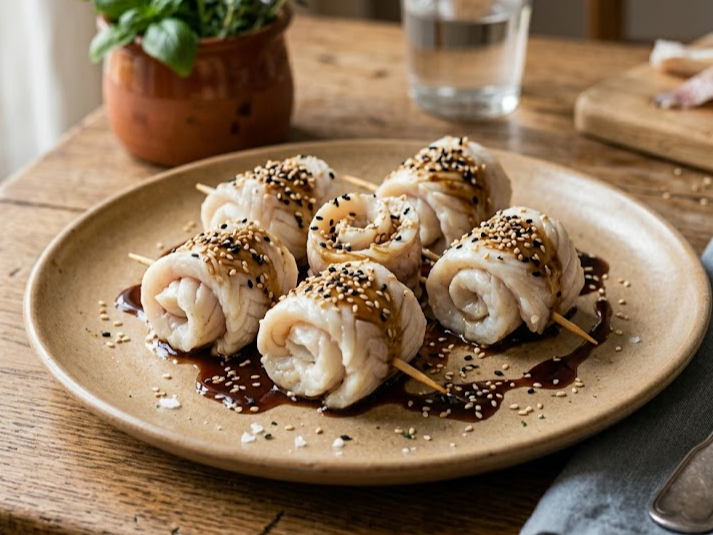 Rolls de Pescado con salsa de Soja y Semillas de Sésamo