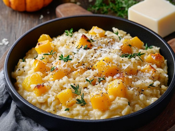 Risotto de calabaza y cubos de vegetales