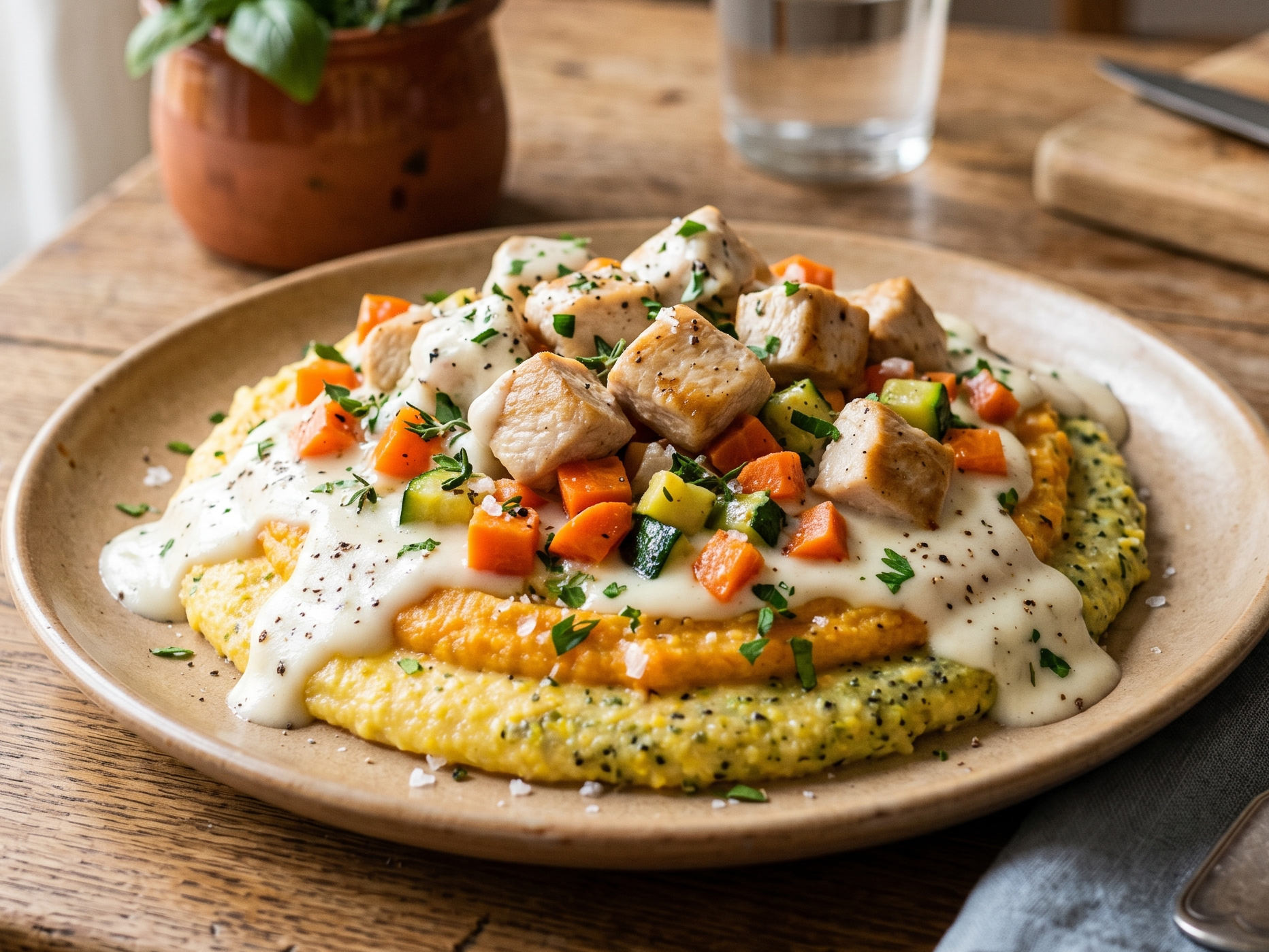 Polenta con Zanahoria, Zuquini , cubos de Pollo y Salsa Blanca