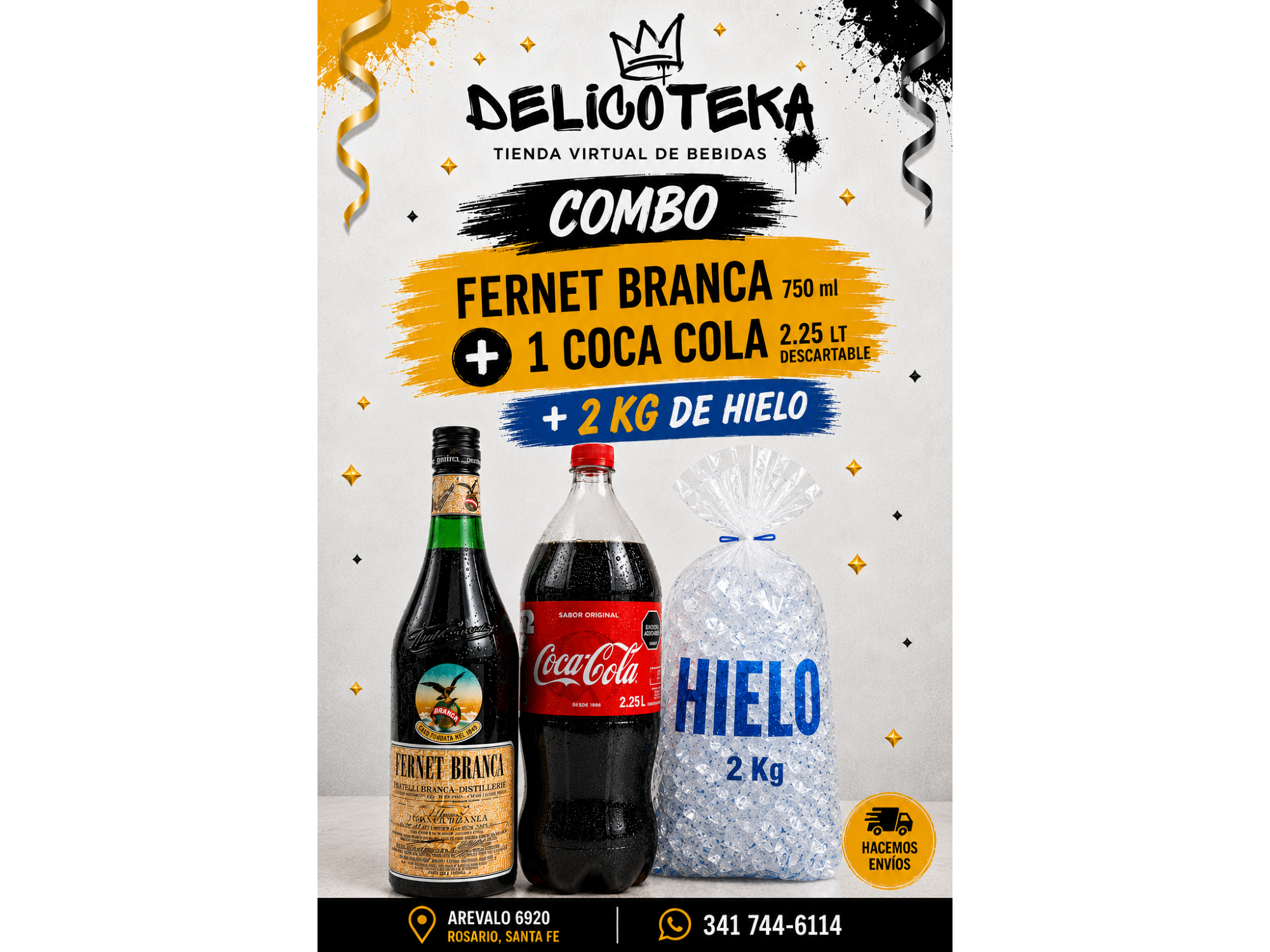 Combo Branca 750 cc + Coca Desc. 2,25 lt + Hielo 2 kg.