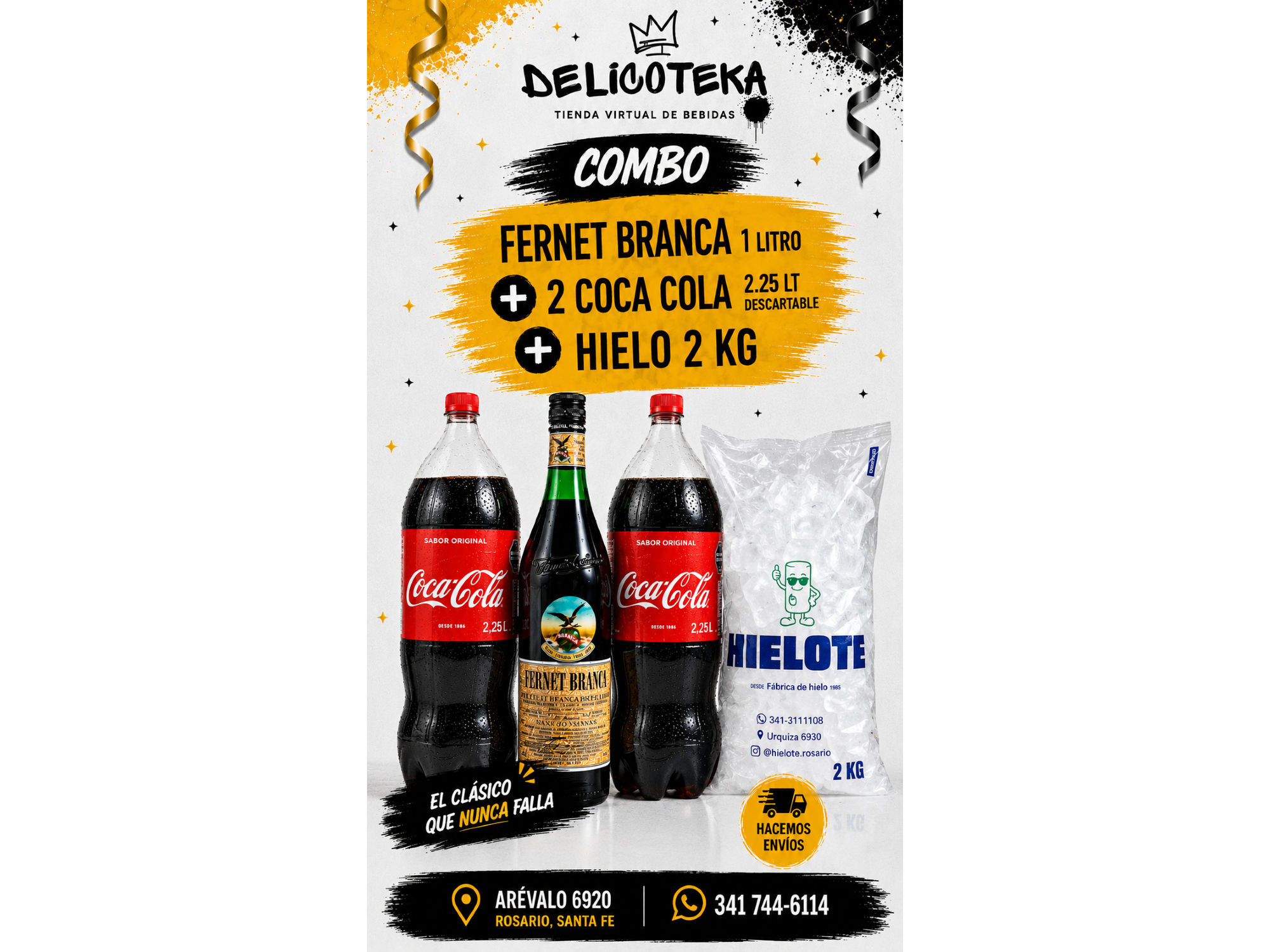 Combo Branca Litro + 2 Coca Desc. 2,25 lt + Hielo 2 kg.