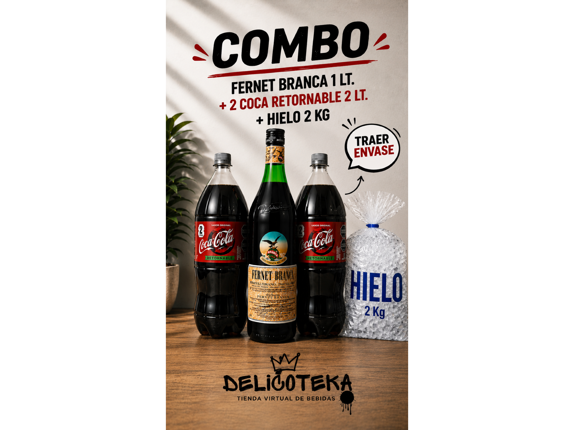 Combo Branca Litro + 2 Coca Ret. + Hielo 2 kg.