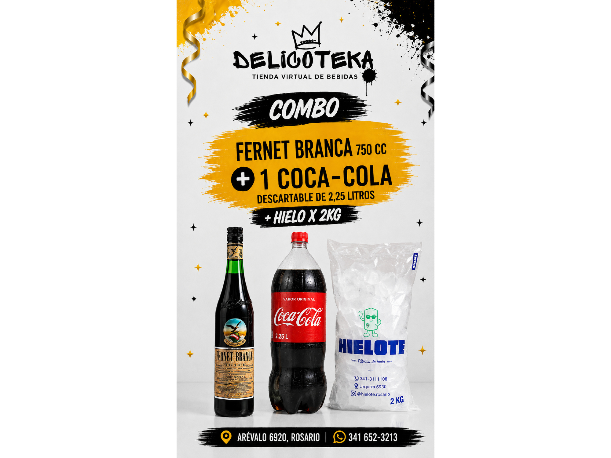 Combo Branca 750 + Coca 2.25 lt Descartable + Hielo 2 kg