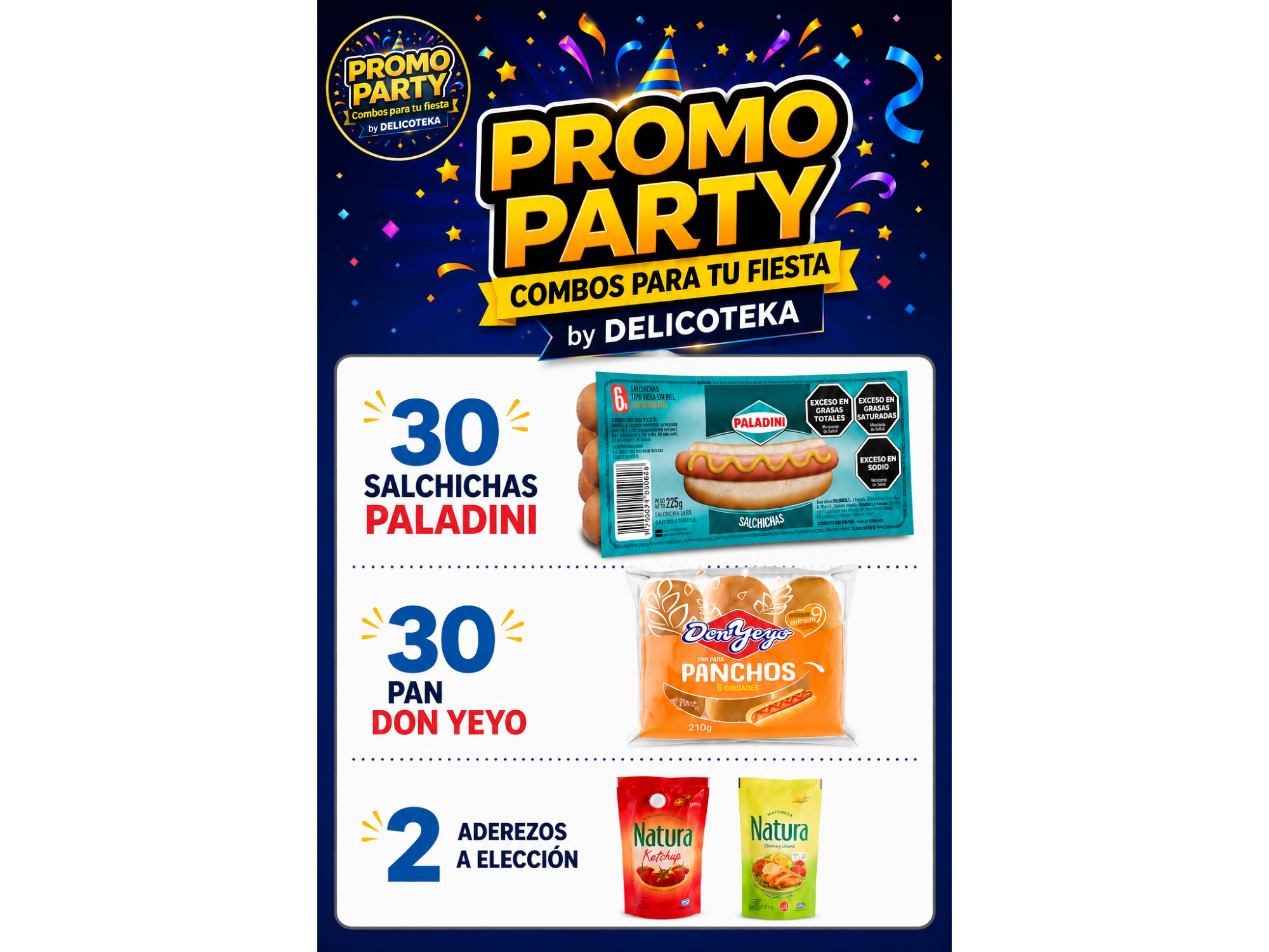 Promo Pancho: 30 Salchichas Paladini + 30 Pan Don Yeyo + 2 Aderezo a eleccion