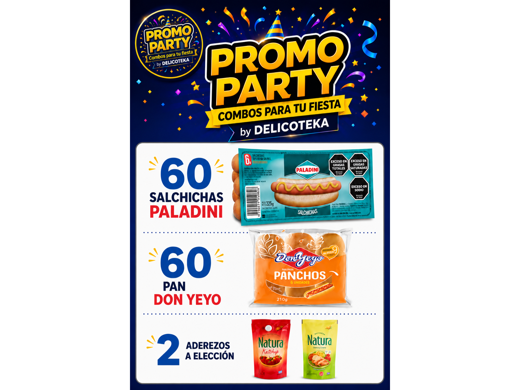 Promo Pancho: 60 Salchichas Paladini + 60 Pan Don Yeyo + 2 Aderezo a eleccion