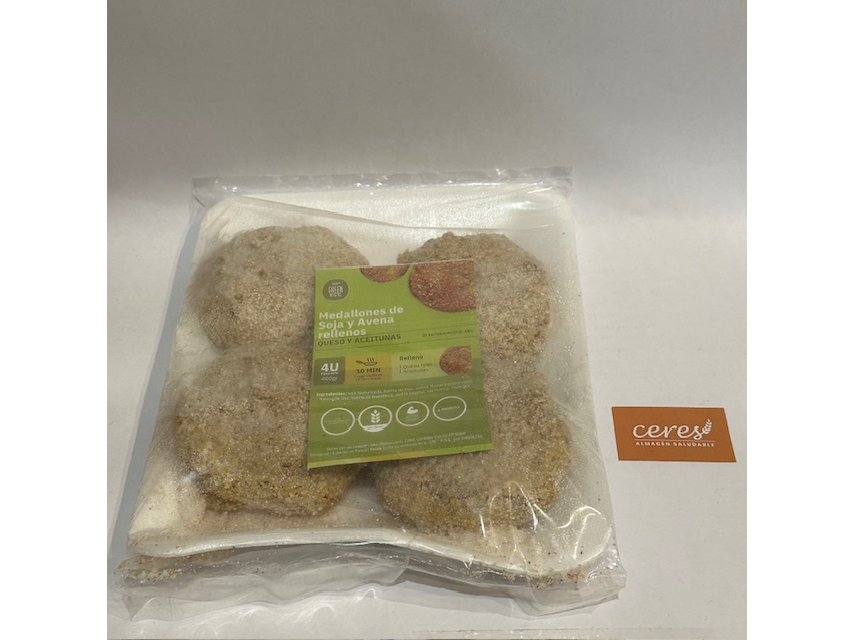 Milanesas de soja rellenas de queso y aceitunas