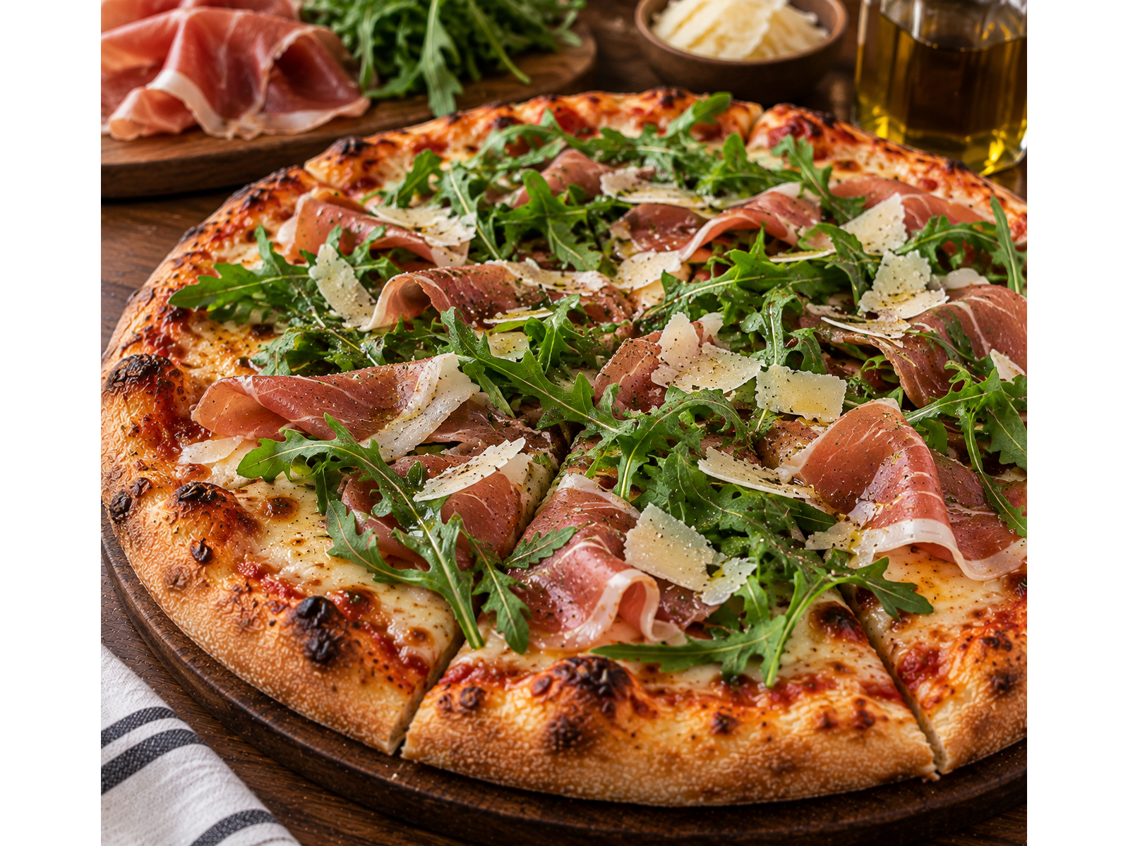 Pizza con jamon crudo y rucula de Alem street food