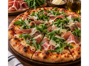 Pizza con jamon crudo y rucula de Alem street food