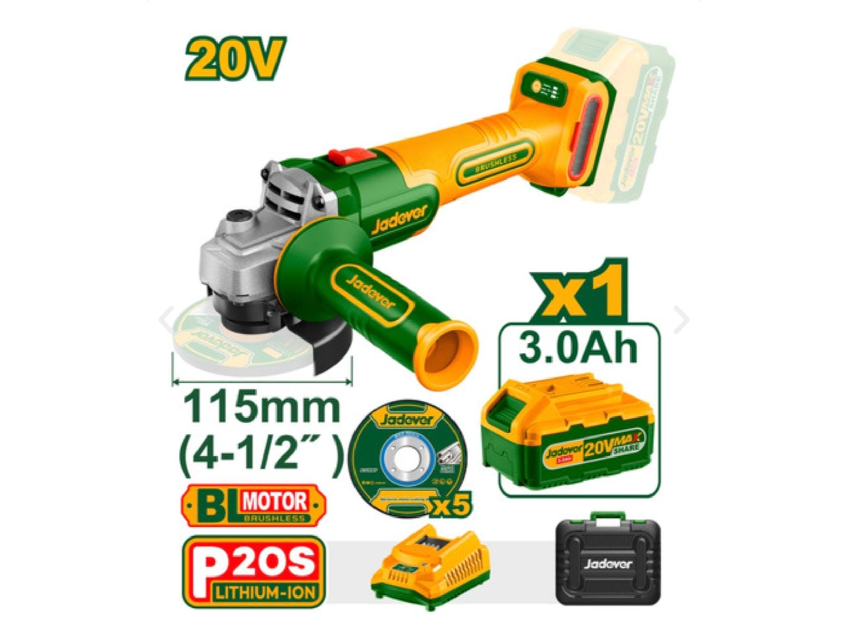 🪚👷Amoladora Angular Inalámbrica 20V Bate 1.5ah 115mm Jadever