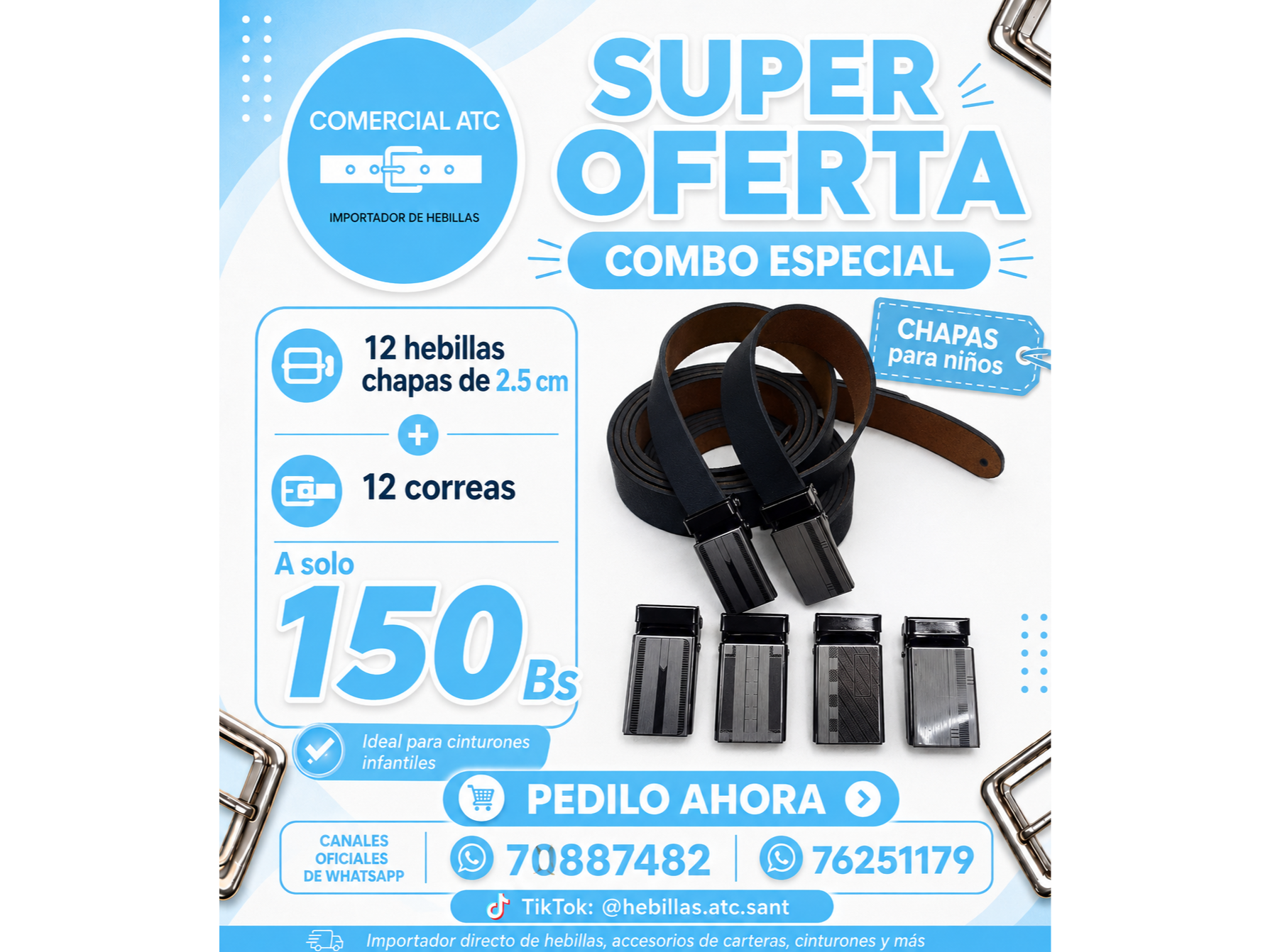 PROMO 4 COMBO ( 12 hebillas chapas 2.5cm + 12 correas
