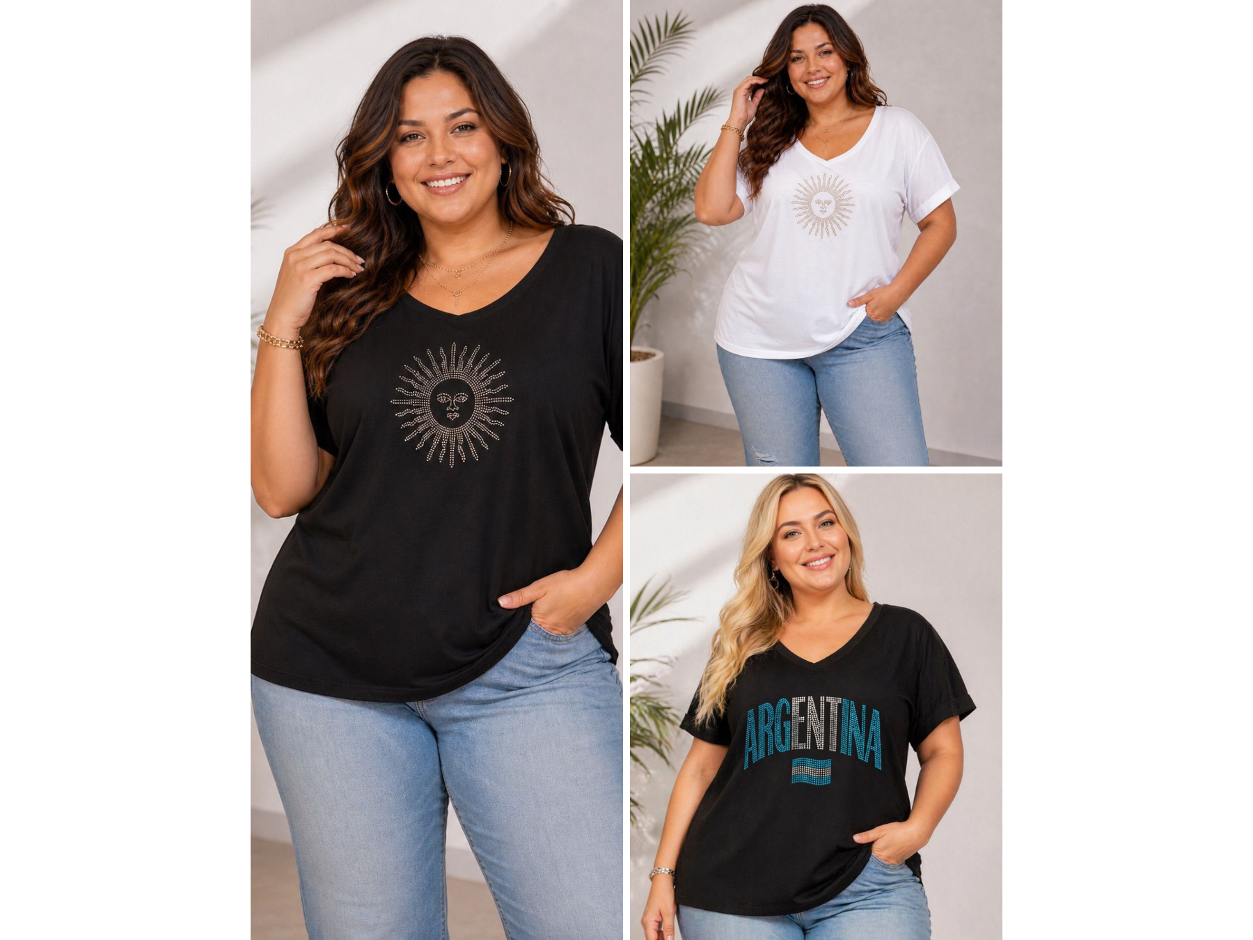Remera básica tela jersey escote en V manga corta con strass ART. 600 B